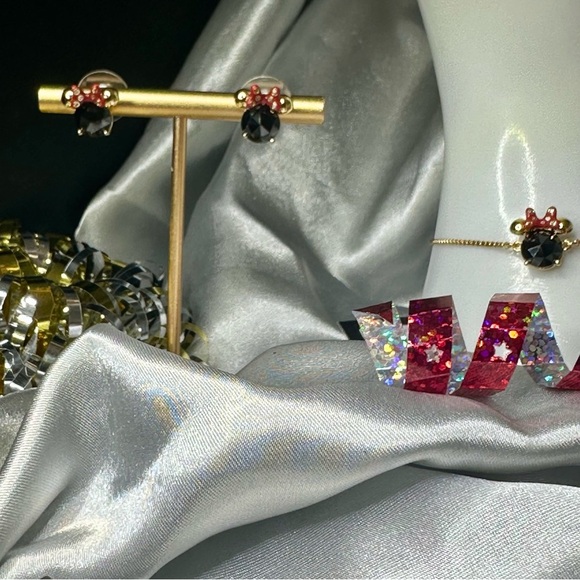 NWT Disney x Kate Spade Minnie Mouse Earrings & Necklace Set | Gold Black Red CZ - Picture 4 of 12